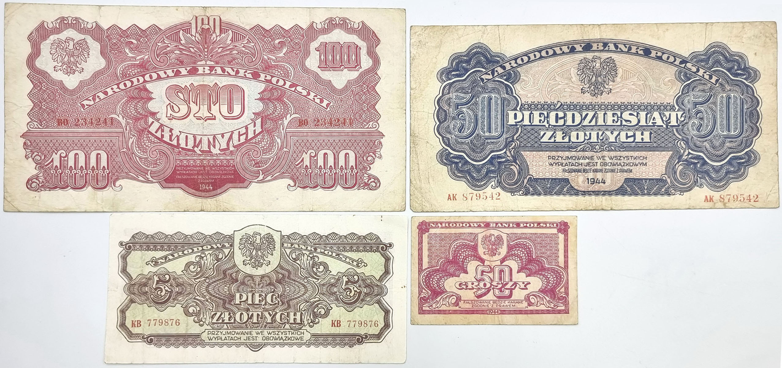 50 groszy do 100 złotych 1944, zestaw 4 banknotów